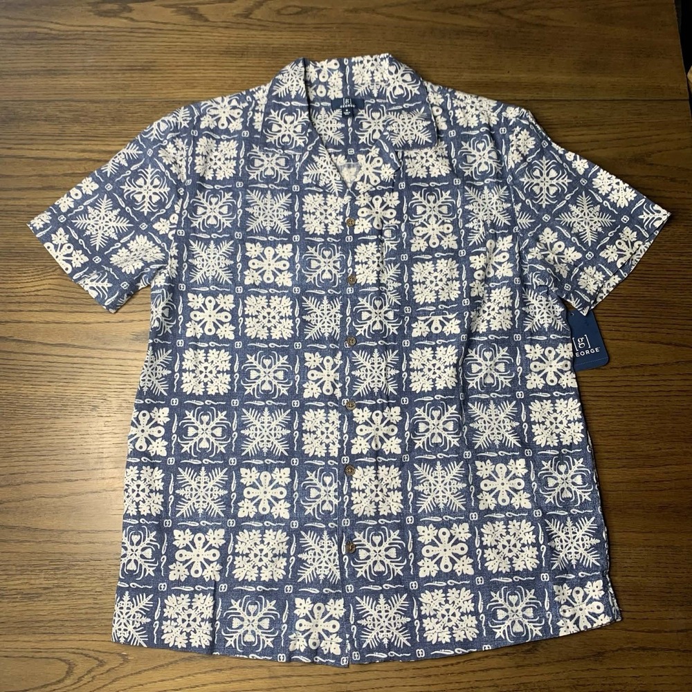 George Men's Holiday Camp Short Sleeve Shirt Size M Blue Snowflake Pattern
